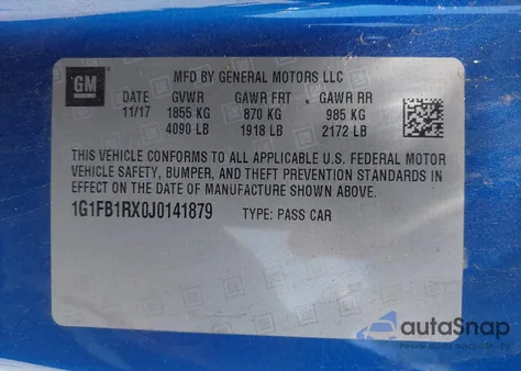 2018 Chevrolet Camaro 1Lt from USA, damaged, VIN 1G1FB1RX0J0141879